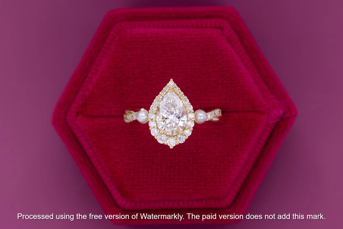 2.50Ct Pear Cut Diamond & Pearl Halo Engagement Ring For Her
