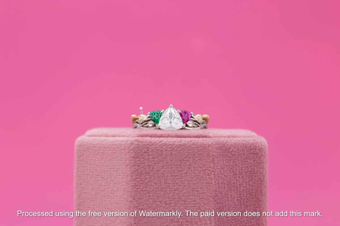 3.30Ct Trillion Cut Diamon, Emerald & Ruby Twisted Engagement Ring