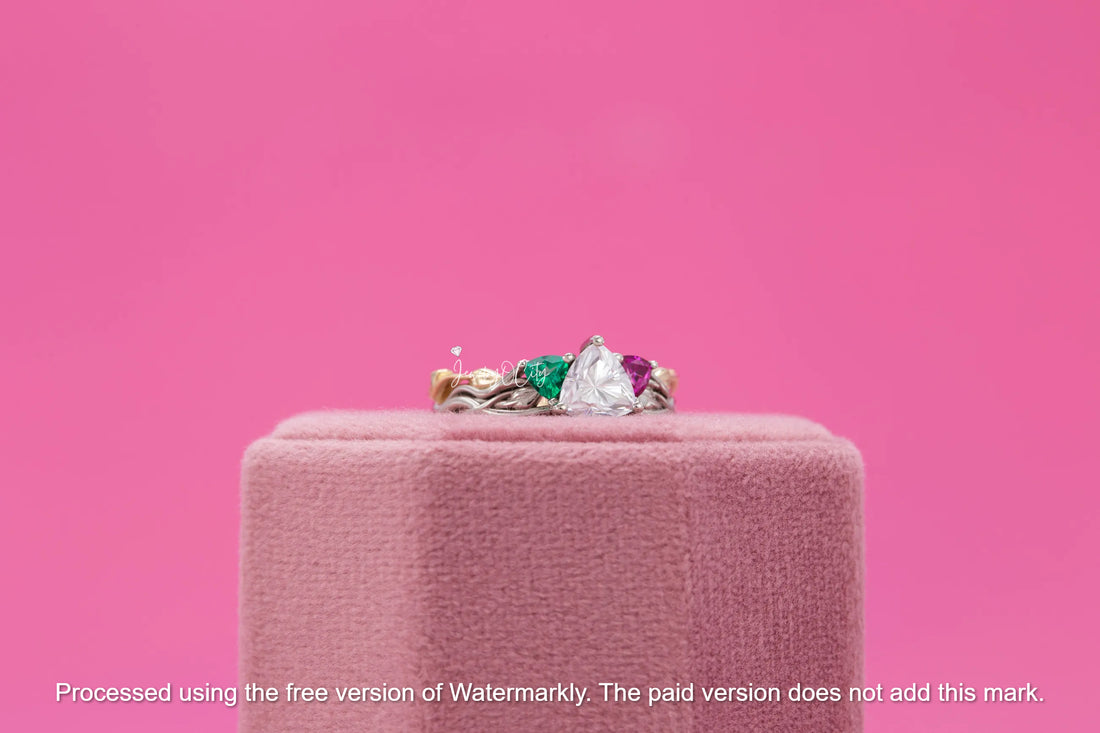 3.30Ct Trillion Cut Diamon, Emerald & Ruby Twisted Engagement Ring