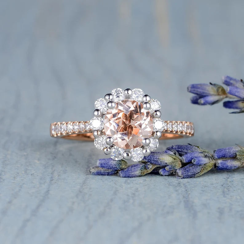 2.50Ct Round Cut Peach Morganite Halo Engagement Ring For Her