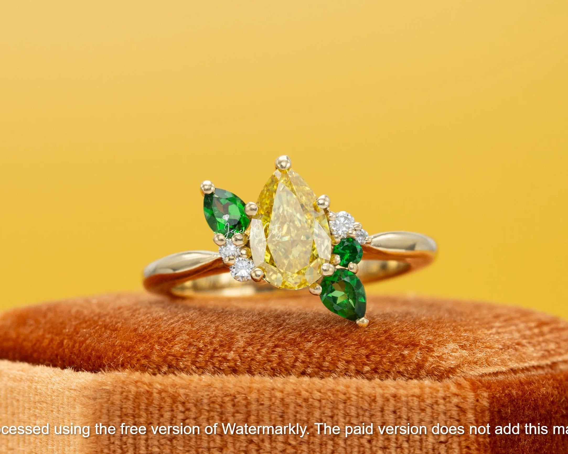 3Ct Pear Cut Canary Citrine & Emerald Cluster Wedding Ring