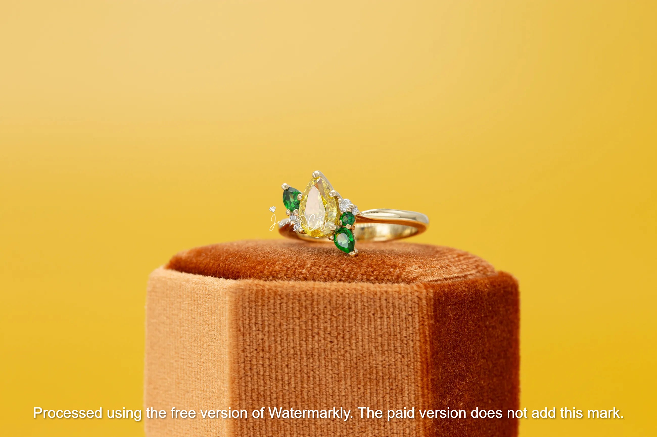 3Ct Pear Cut Canary Citrine & Emerald Cluster Wedding Ring