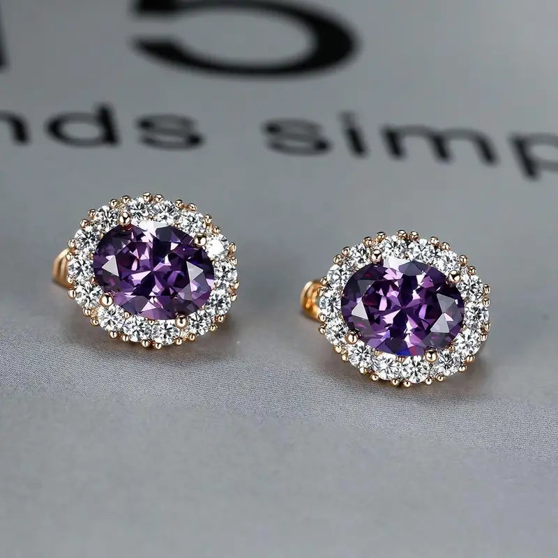 3Ct Oval Cut Amethyst Halo Diamond Hoop Earrings