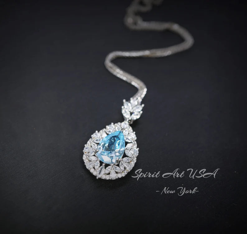 2.50Ct Pear Cut Blue Topaz & Diamond Double Halo Pendant For Her