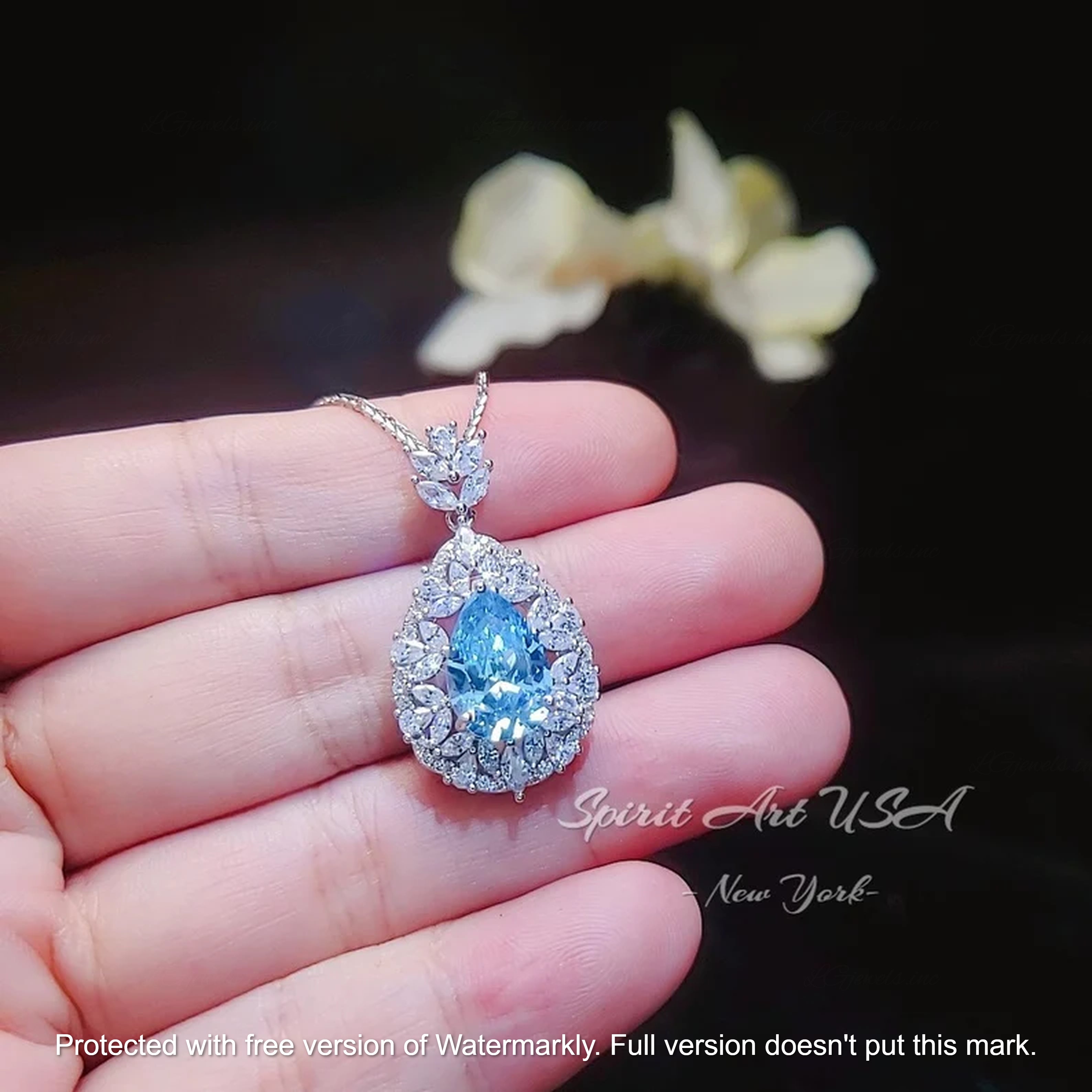 2.50Ct Pear Cut Blue Topaz & Diamond Double Halo Pendant For Her