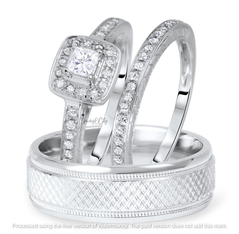2.90Ct Cushion Cut Diamond Halo Wedding Trio Ring Set