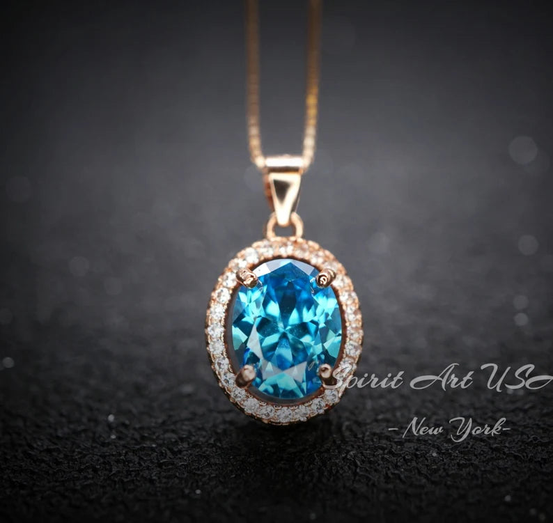 2.50Ct Pear Cut Blue Topaz & Diamond Double Halo Pendant For Her