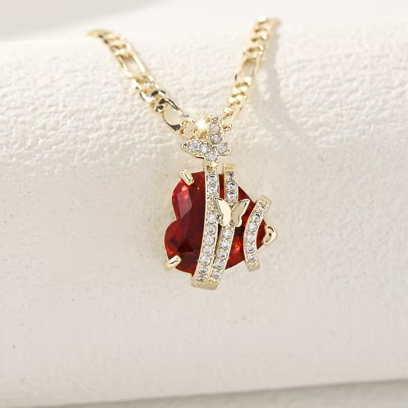 Ruby Red Heart Shape Butterfly Moissanite Pendant Necklace