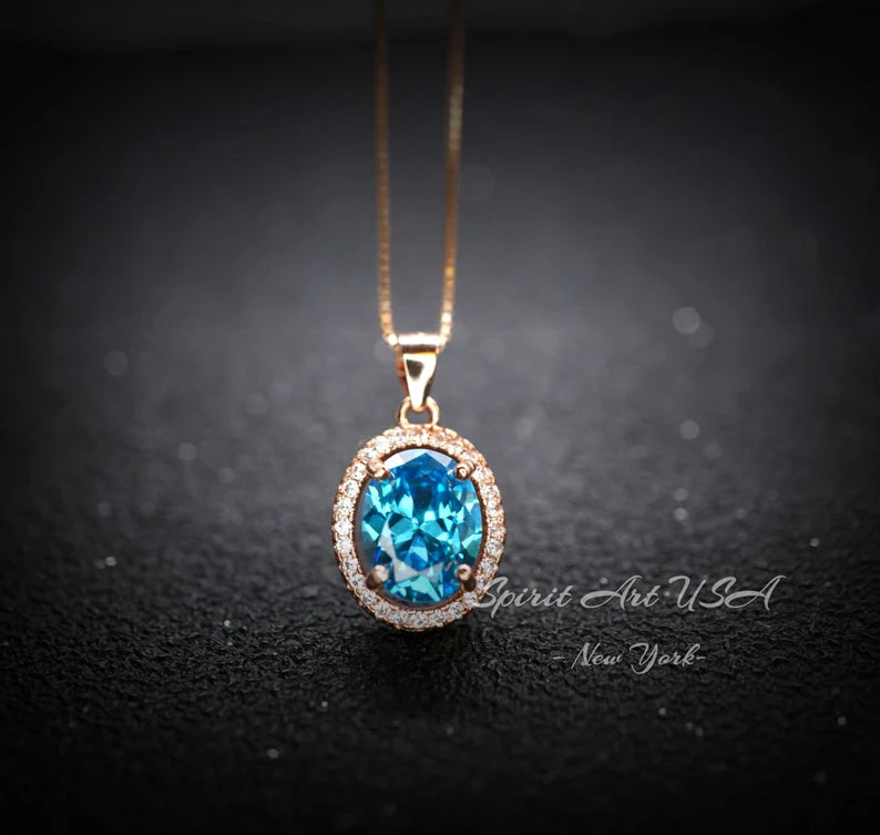 2.50Ct Pear Cut Blue Topaz & Diamond Double Halo Pendant For Her