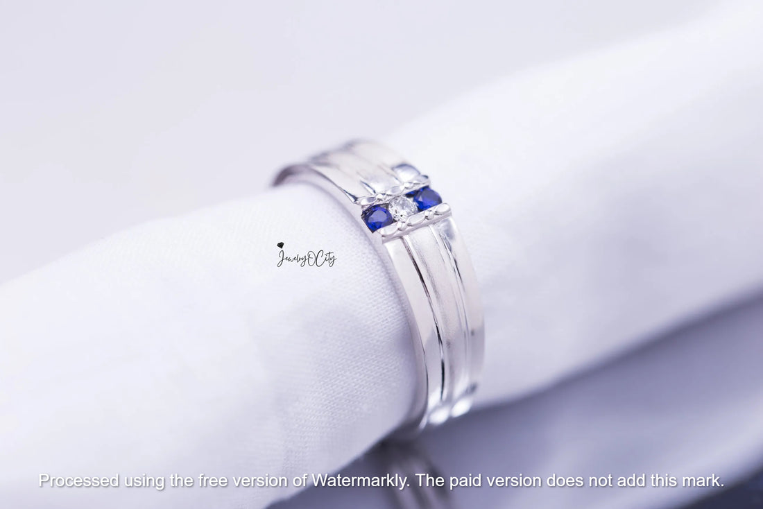1.70CT Three Stone Diamond & Sapphire Men's Anniversary Ring