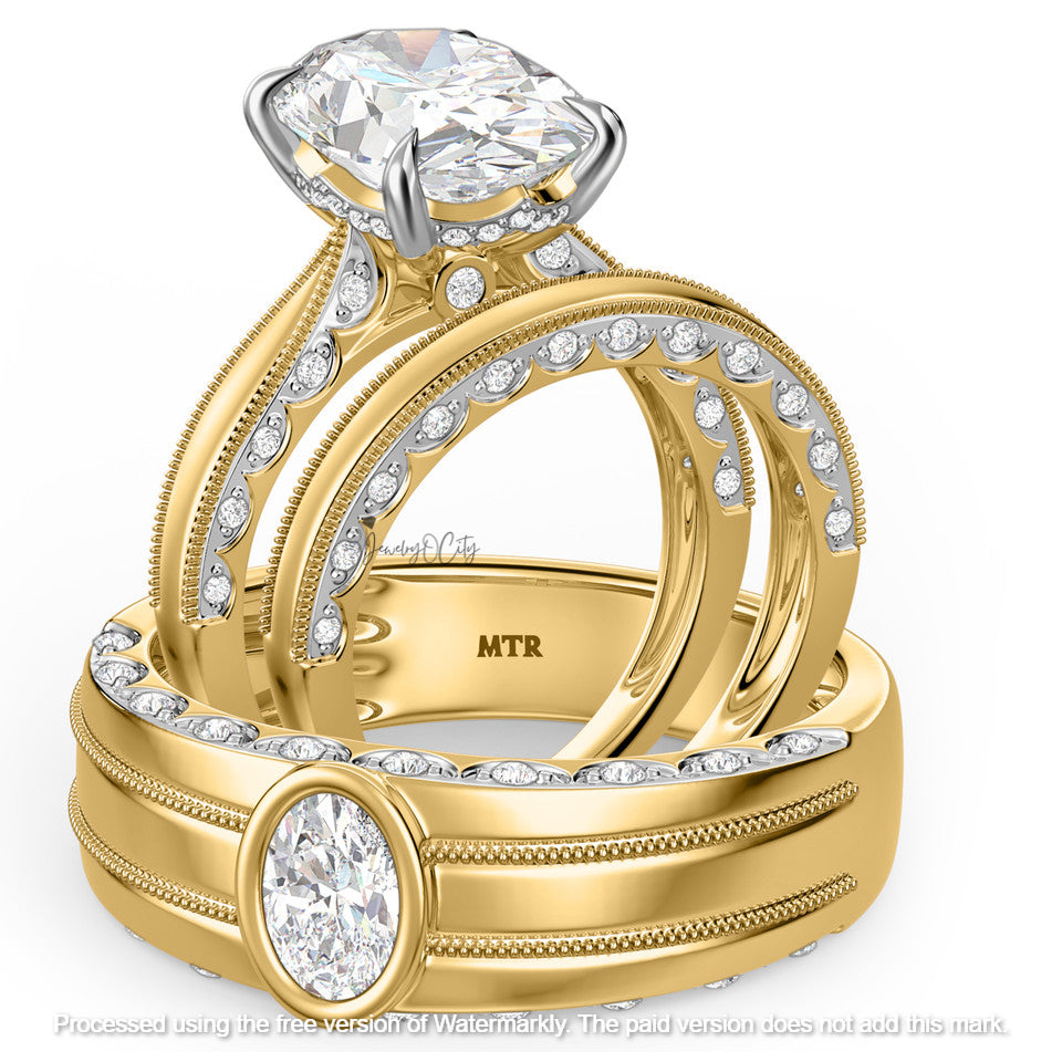 3.40Ct Oval Cut Diamond Pave Engagement Trio Ring Set