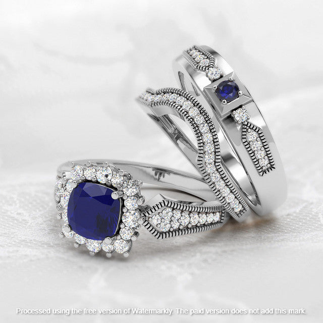 3.20Ct Cushion Cut Blue Sapphire & Diamond Halo Engagement Trio Ring Set