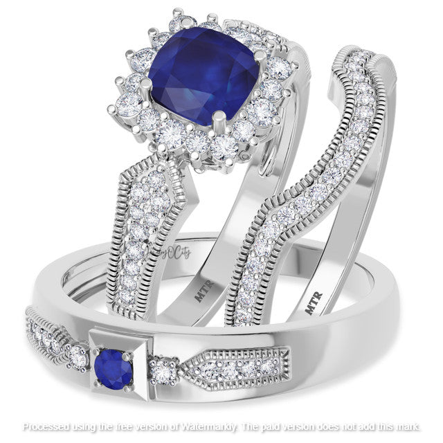 3.20Ct Cushion Cut Blue Sapphire & Diamond Halo Engagement Trio Ring Set