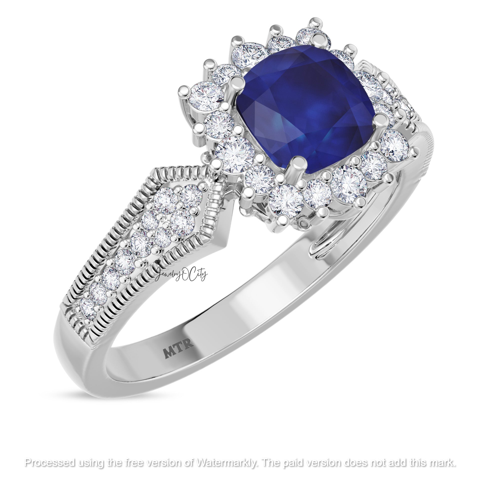 3.20Ct Cushion Cut Blue Sapphire & Diamond Halo Engagement Trio Ring Set