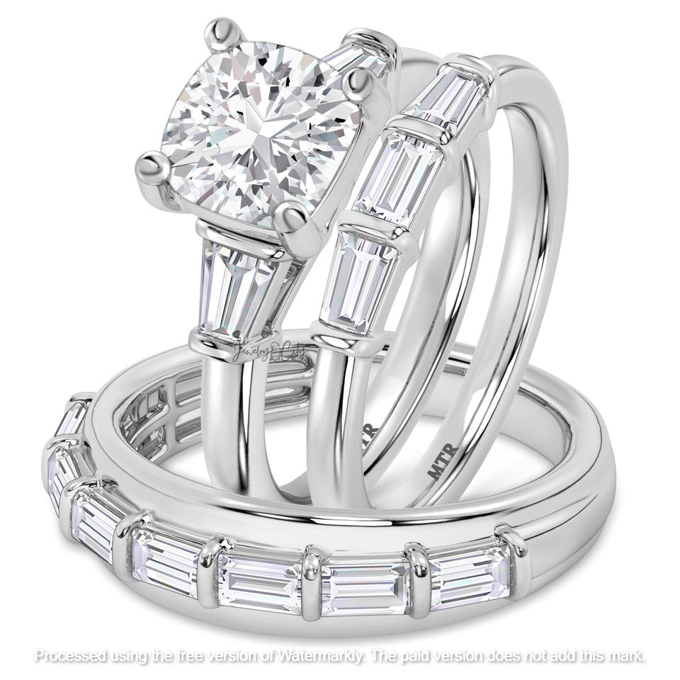 2.10Ct Cushion & Baguette Diamond Wedding Trio Ring Set