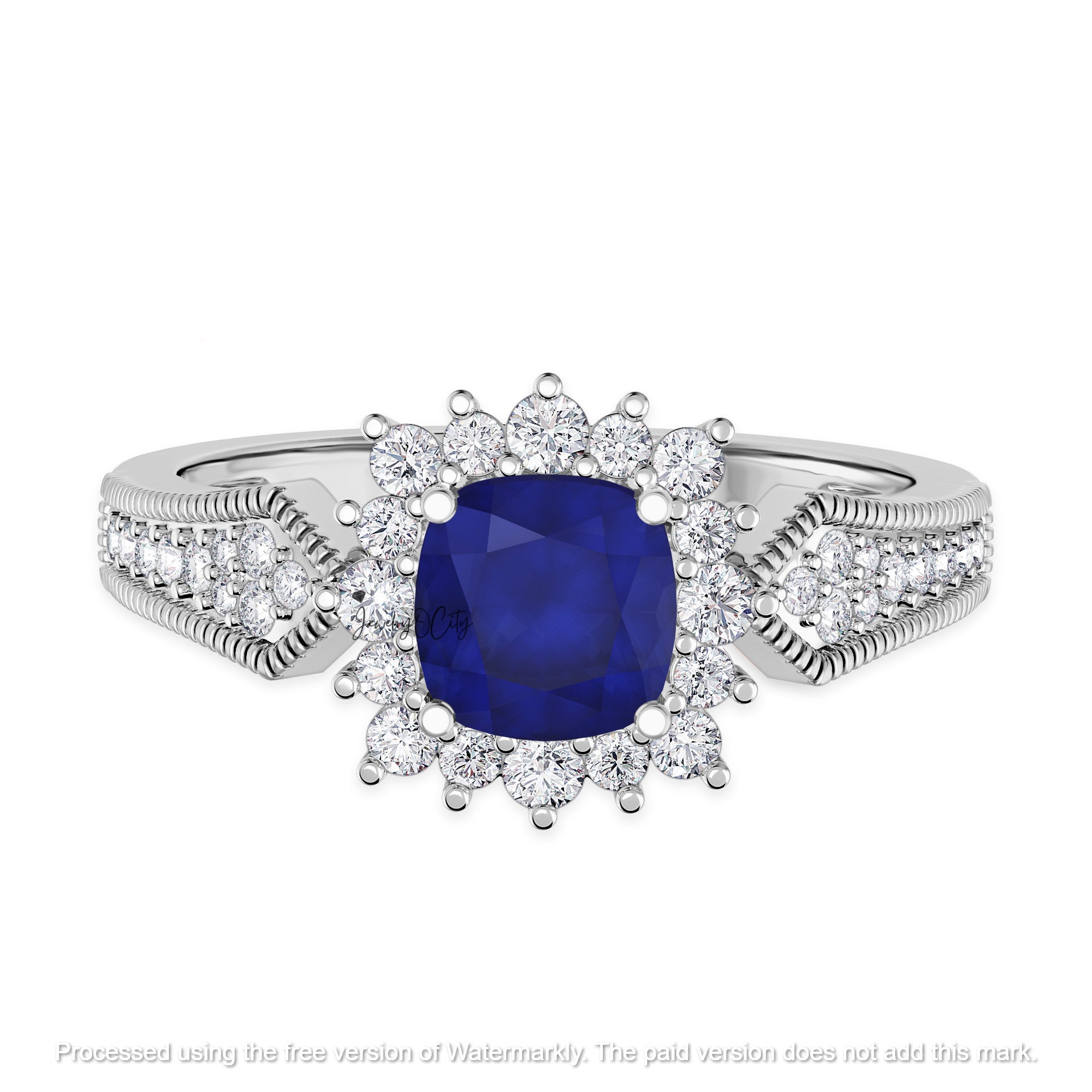 3.20Ct Cushion Cut Blue Sapphire & Diamond Halo Engagement Trio Ring Set