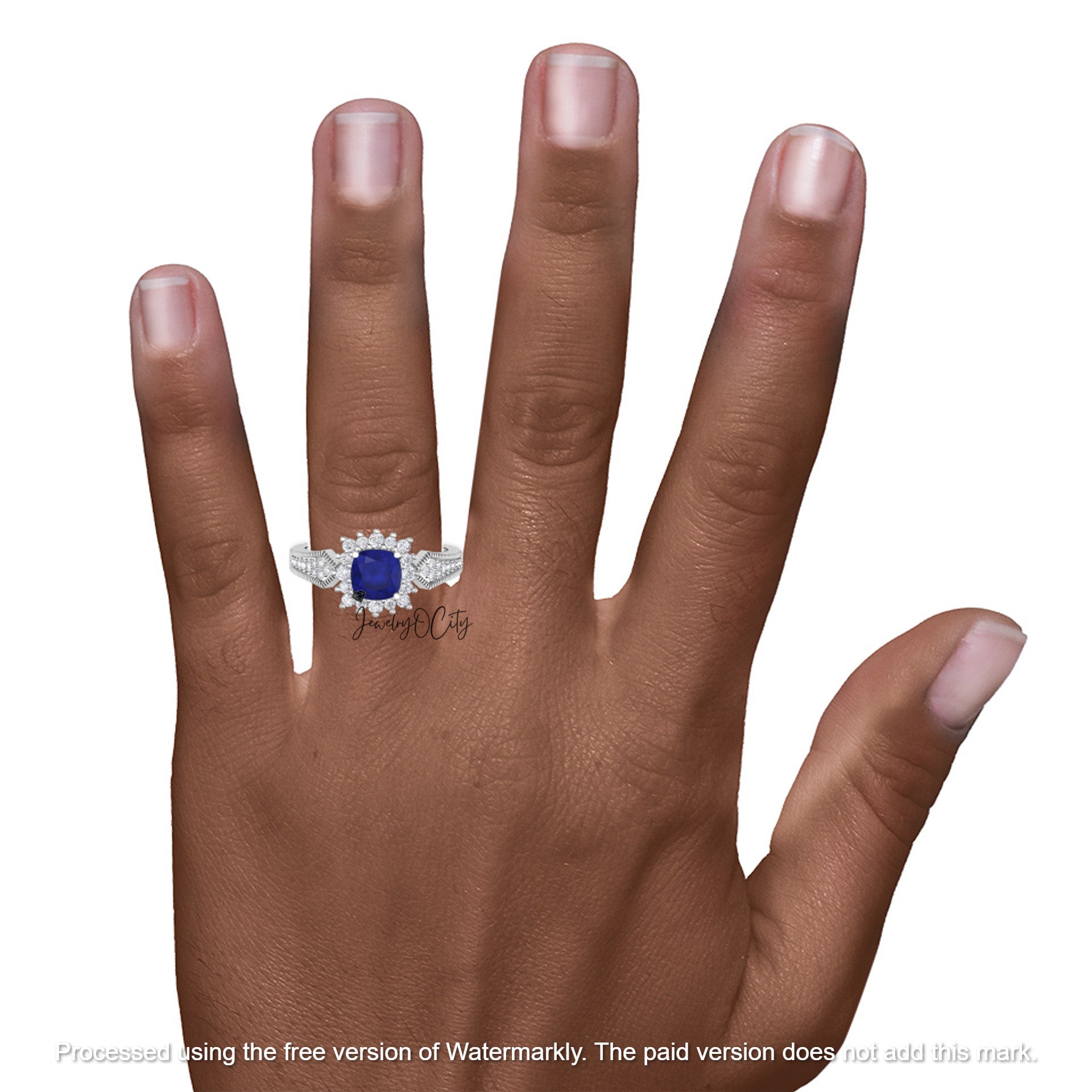 3.20Ct Cushion Cut Blue Sapphire & Diamond Halo Engagement Trio Ring Set