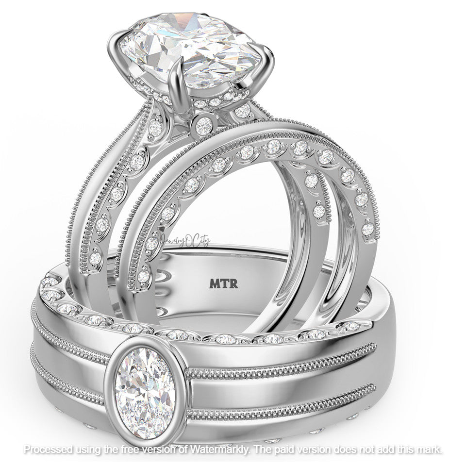 3.40Ct Oval Cut Diamond Pave Engagement Trio Ring Set