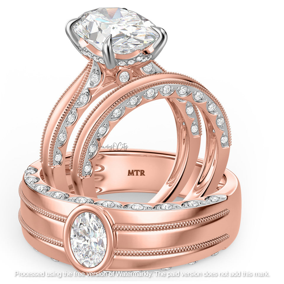 3.40Ct Oval Cut Diamond Pave Engagement Trio Ring Set
