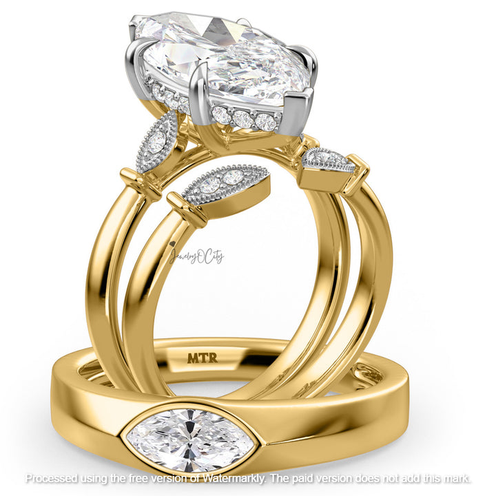 Gold ring with diamond accents on a white background