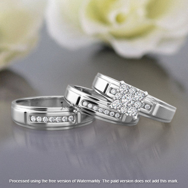 3Ct Round Cut Diamond Cluster Princess Engagement & Wedding Trio Ring Set