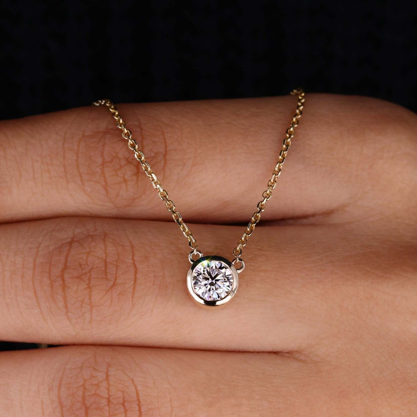 Natural 0.82Ct Round Cut Bezel Set Diamond Solitaire Pendant 14K GOLD