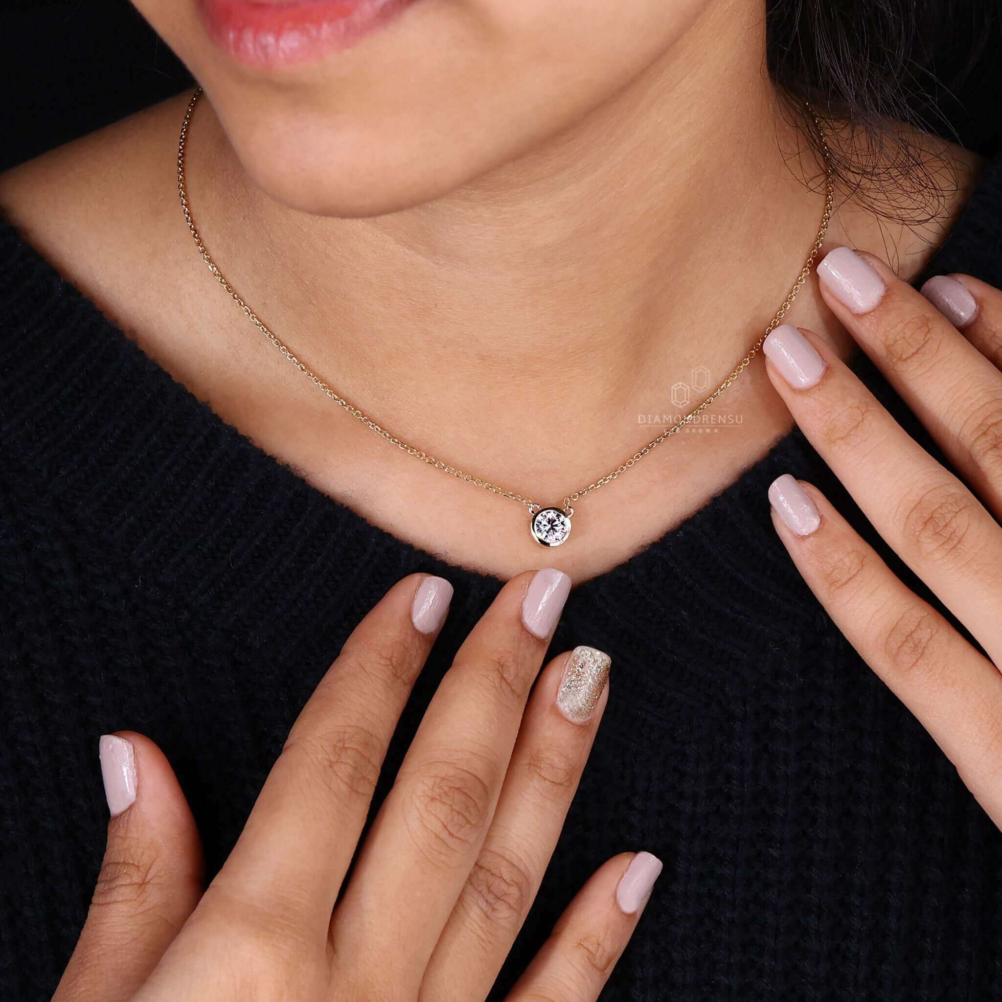 Natural 0.82Ct Round Cut Bezel Set Diamond Solitaire Pendant 14K GOLD