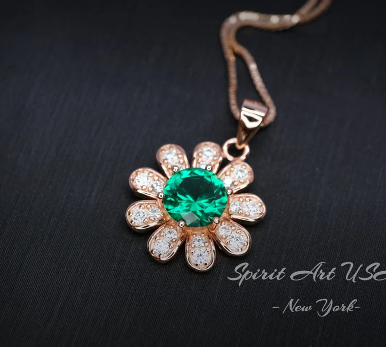 3Ct Round Cut Green Emerald & Diamond Flower Pendant For Her