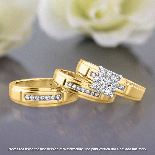 3Ct Round Cut Diamond Cluster Princess Engagement & Wedding Trio Ring Set