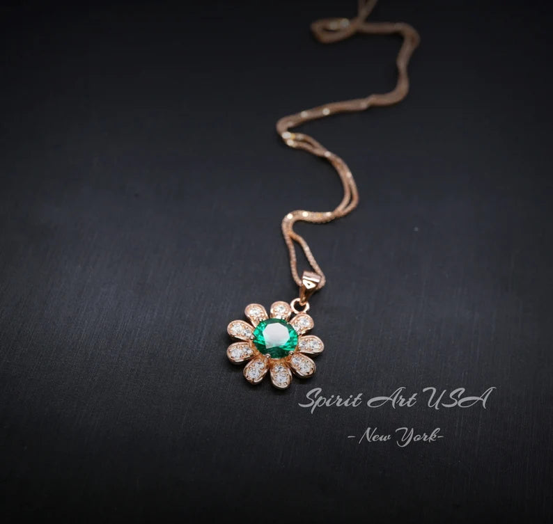 3Ct Round Cut Green Emerald & Diamond Flower Pendant For Her