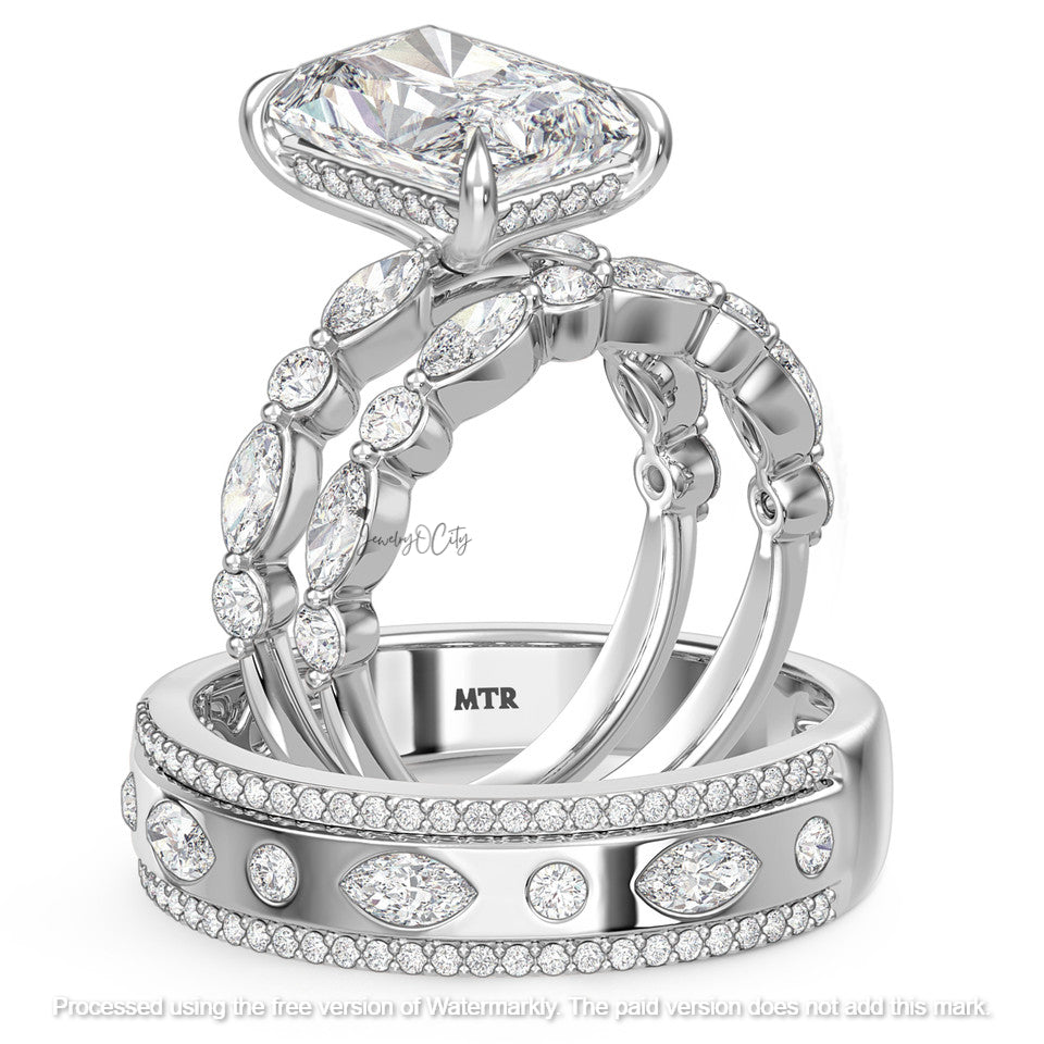 3.60Ct Emerald Cut Diamond Pave Classic Wedding Trio Ring Set