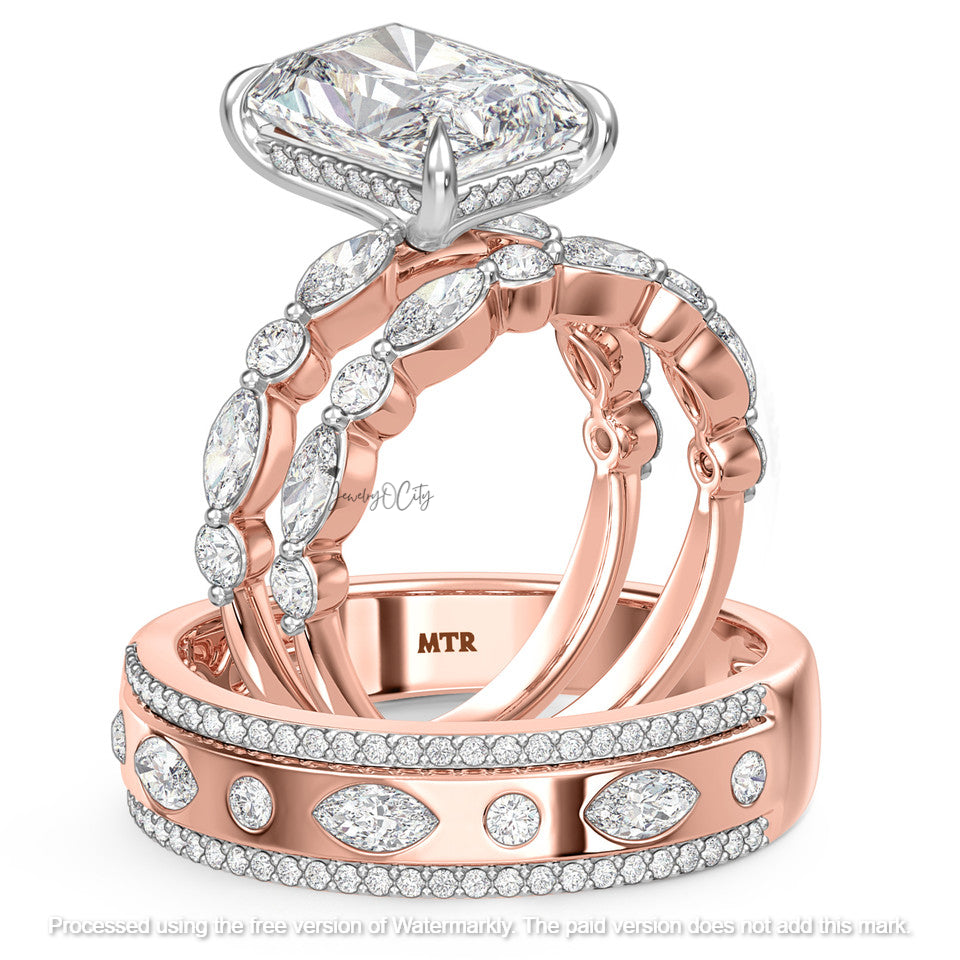 3.60Ct Emerald Cut Diamond Pave Classic Wedding Trio Ring Set