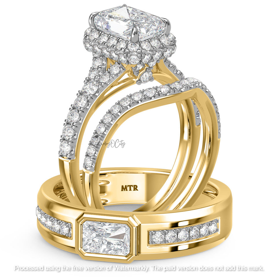 3.80Ct Emerald Cut Diamond Pave Bezel Wedding Trio Ring Set