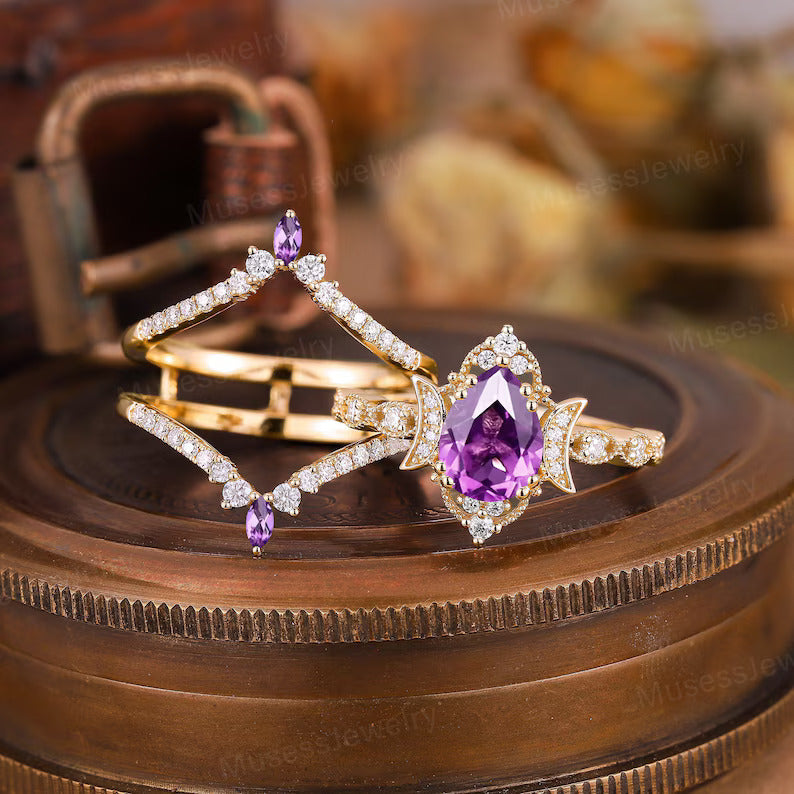 3Ct Pear Cut Amethyst & White Diamond Half Moon Bridal Ring Set