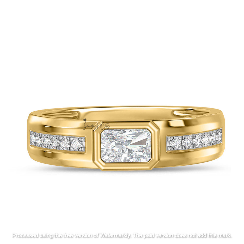 3.80Ct Emerald Cut Diamond Pave Bezel Wedding Trio Ring Set