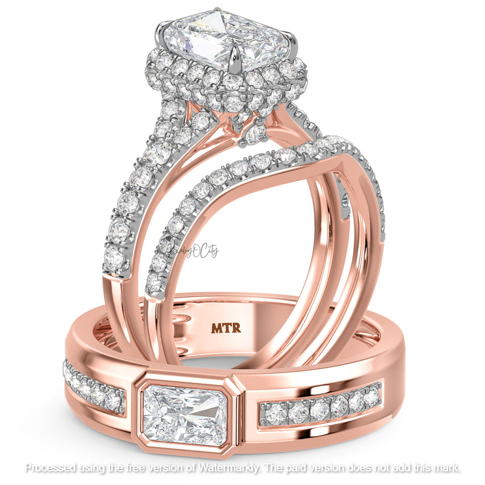 3.80Ct Emerald Cut Diamond Pave Bezel Wedding Trio Ring Set