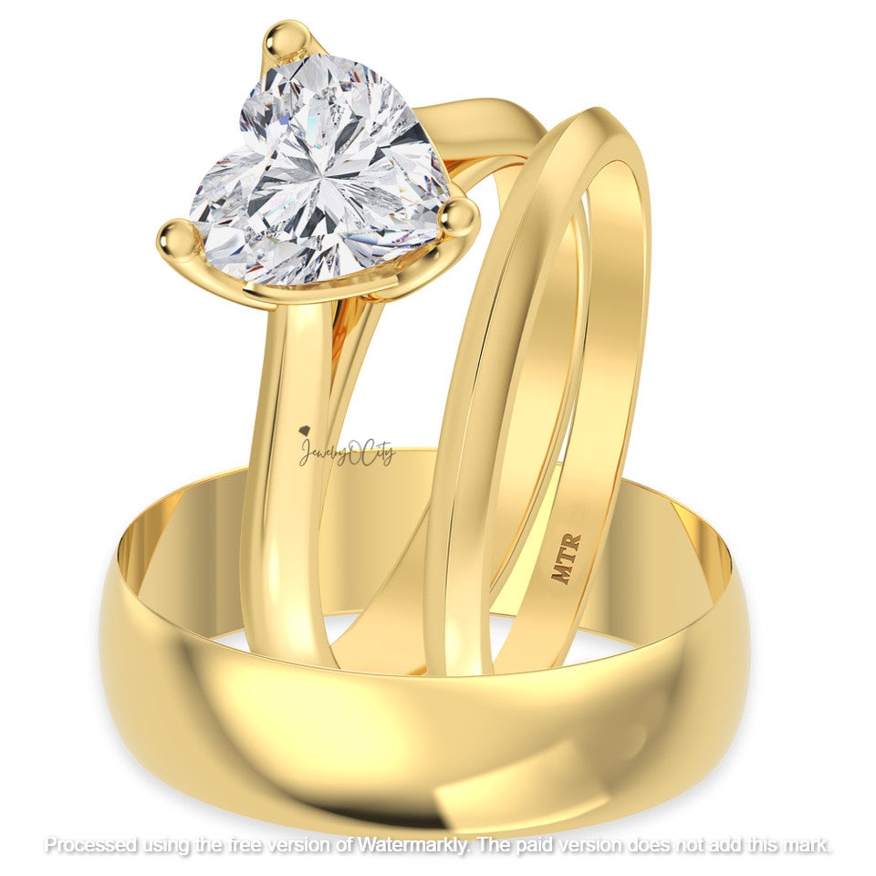 1Ct Heart Cut Diamond Solitaire Wedding Trio Ring Set