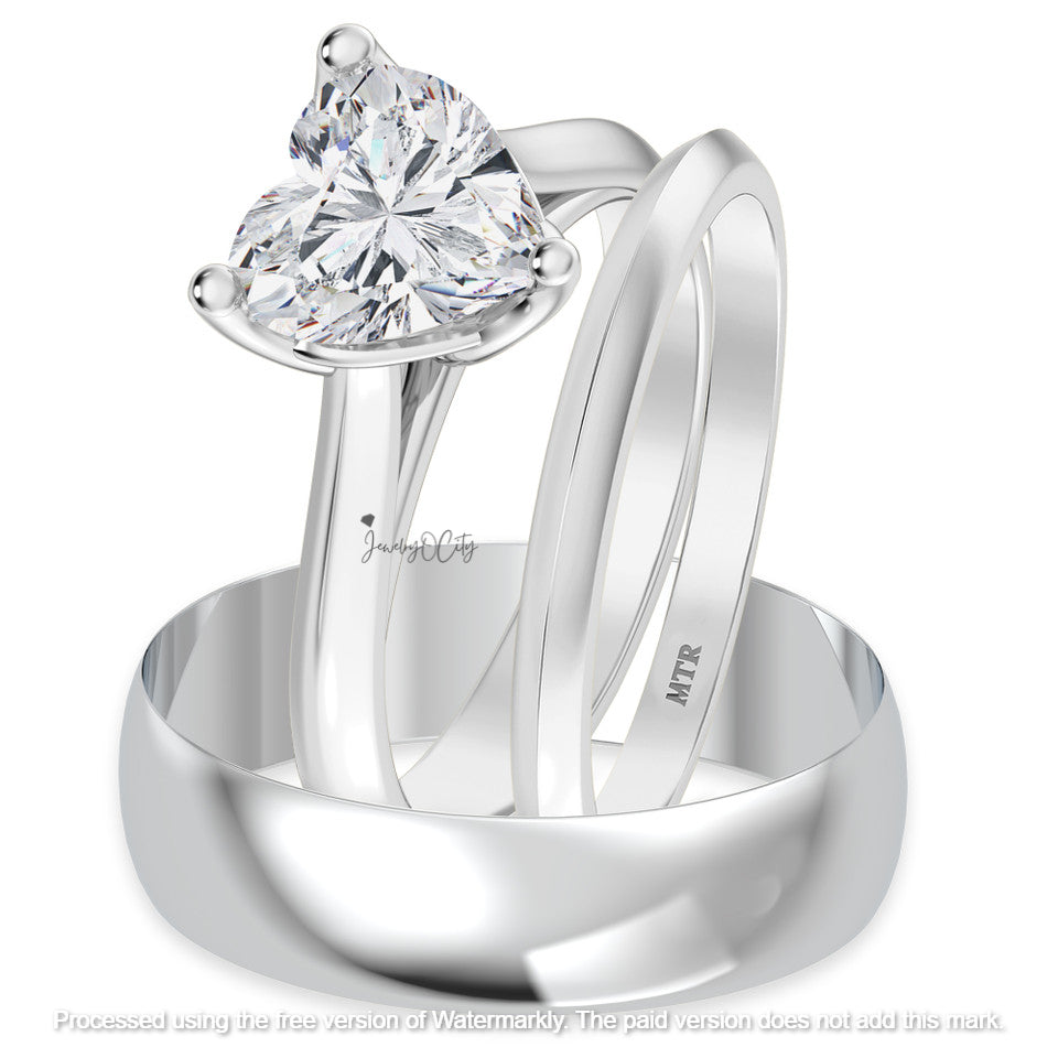 1Ct Heart Cut Diamond Solitaire Wedding Trio Ring Set