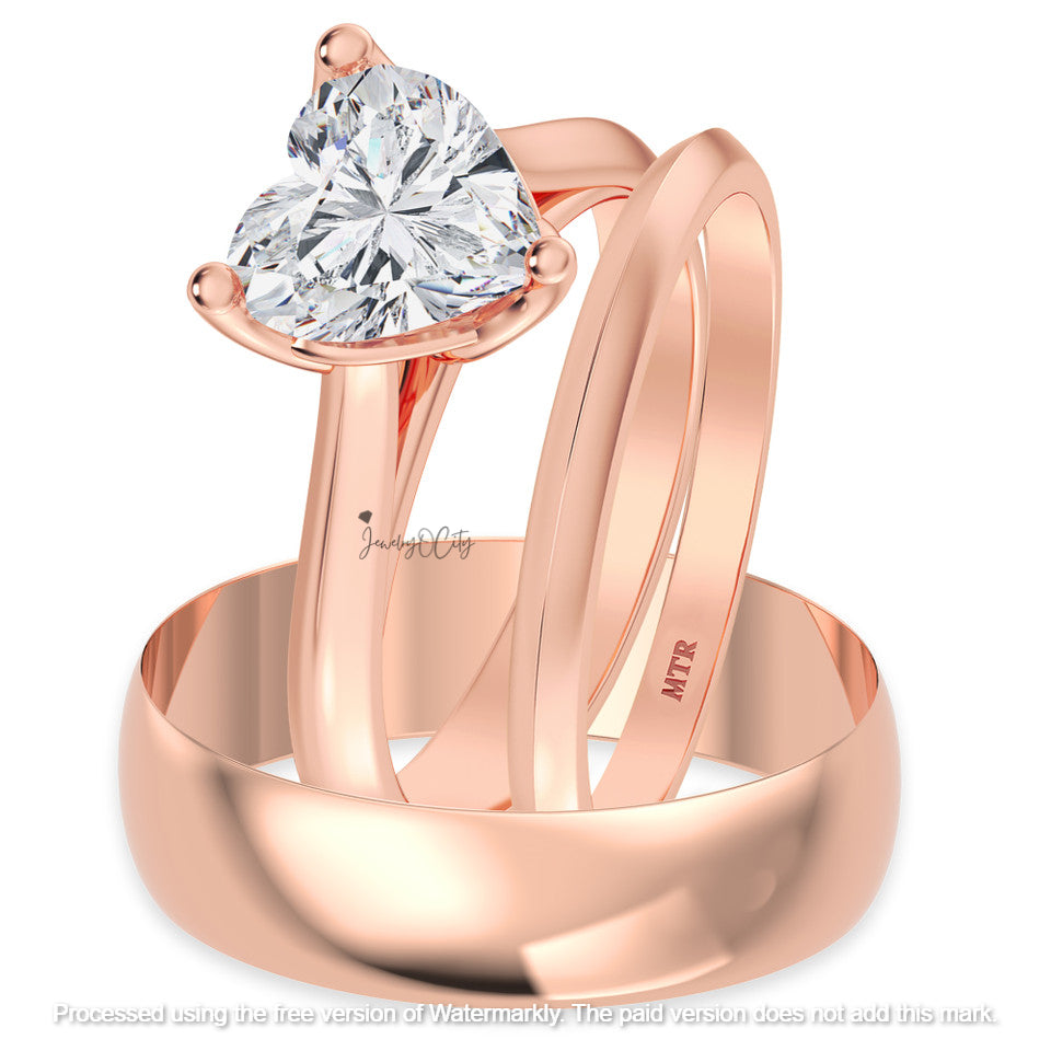 1Ct Heart Cut Diamond Solitaire Wedding Trio Ring Set