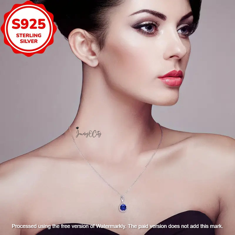 2Ct Round Cut Blue Sapphire & Diamond Halo Pendant For Her