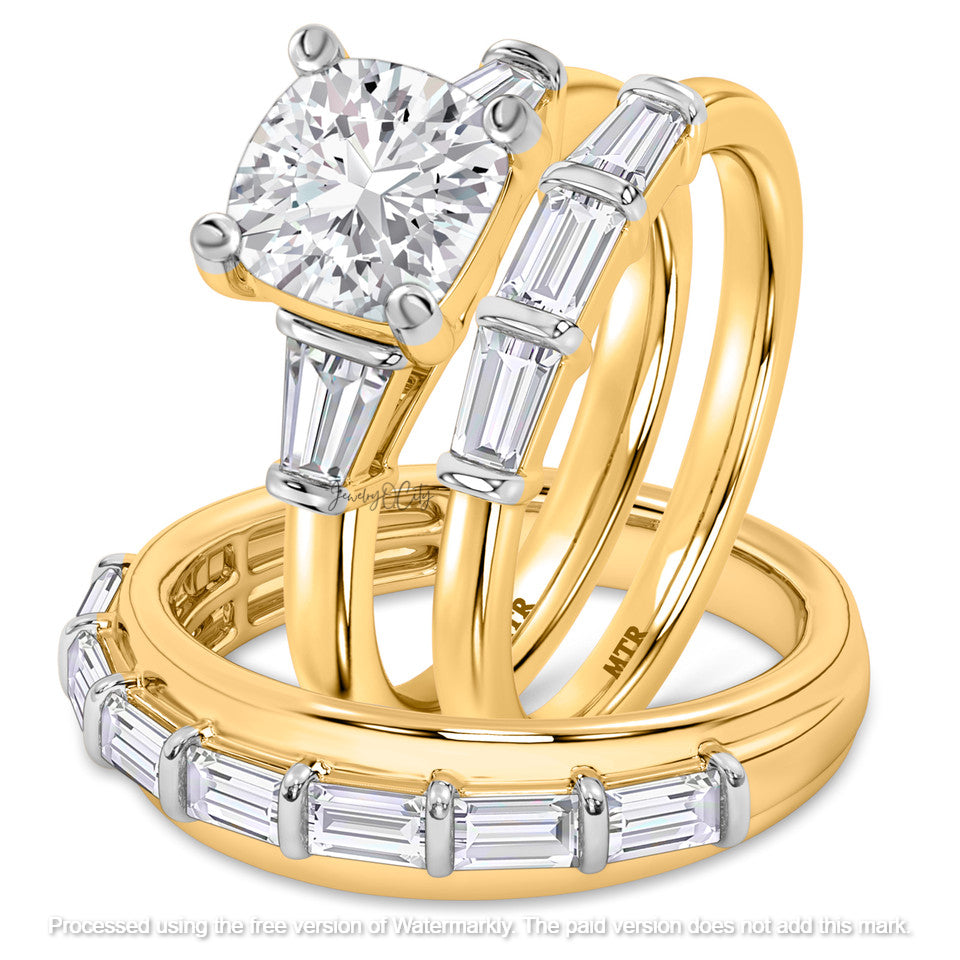 2.10Ct Cushion & Baguette Diamond Wedding Trio Ring Set
