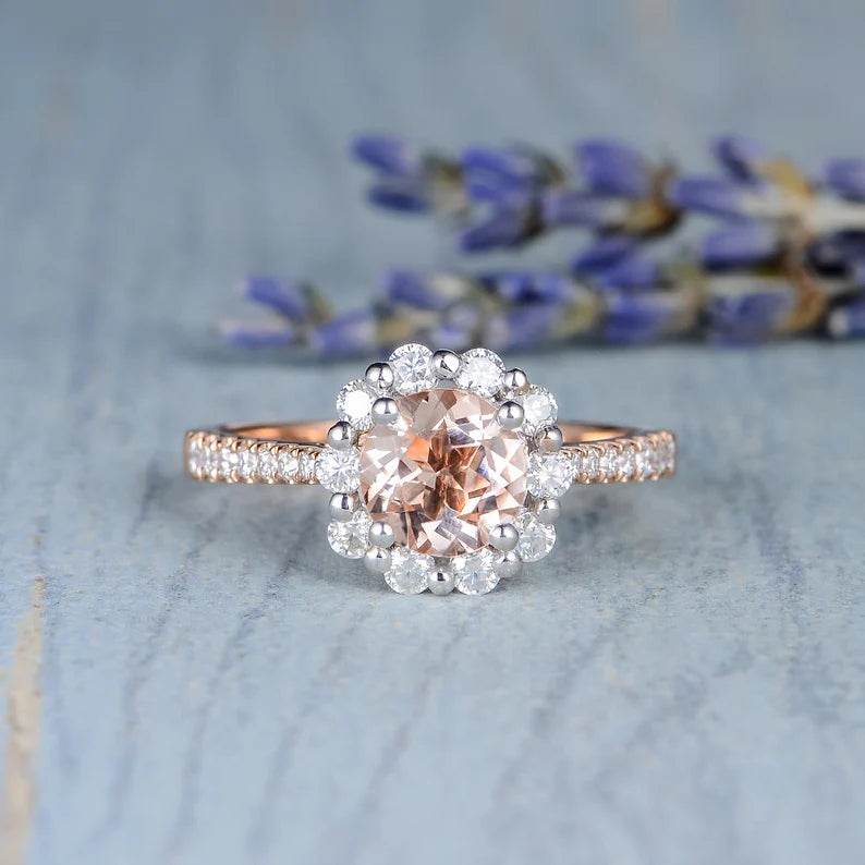 2.50Ct Round Cut Peach Morganite Halo Engagement Ring For Her