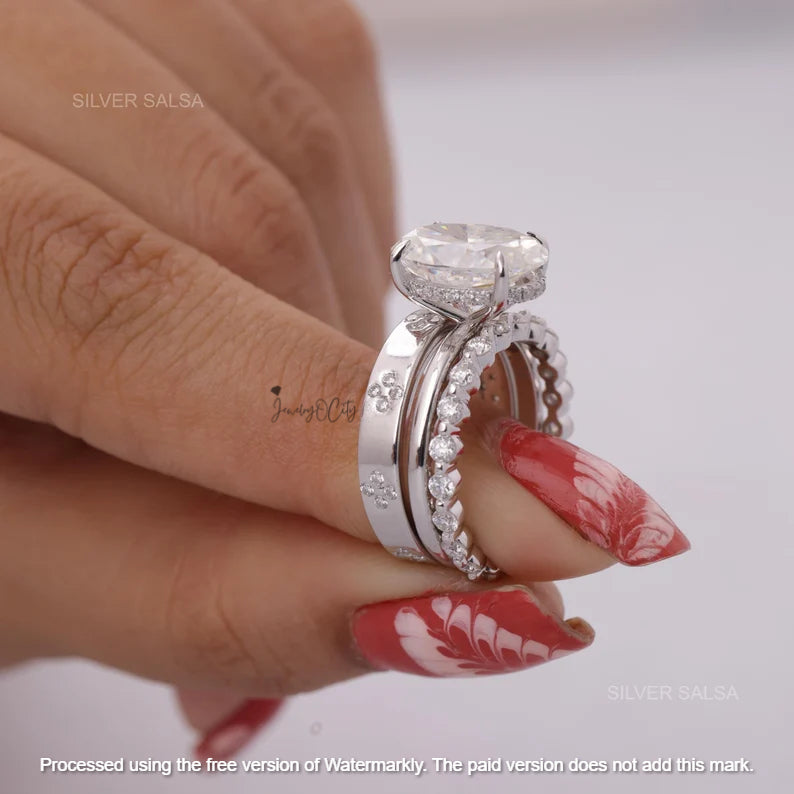 2.01Ct Oval Cut Diamond Flower Wedding Trio Ring Set