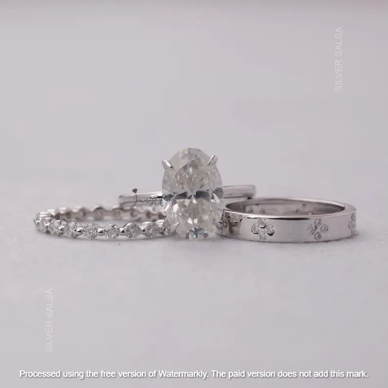 2.01Ct Oval Cut Diamond Flower Wedding Trio Ring Set
