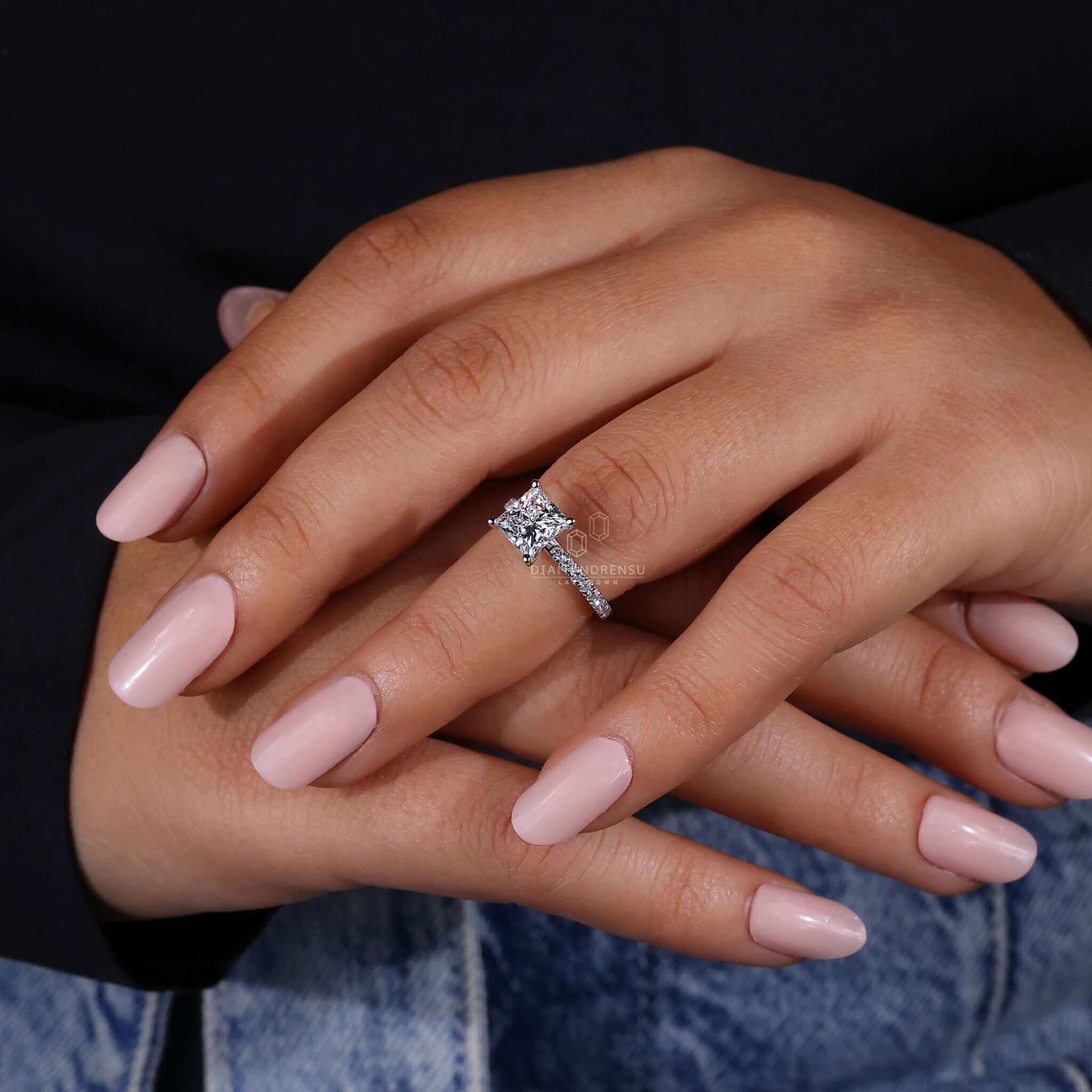 3.50Ct Princess Cut Diamond Solitaire With Accent Engagement Ring For Her