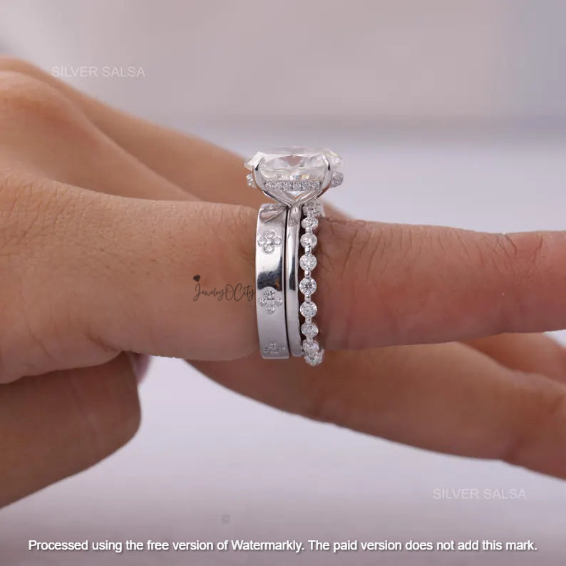 2.01Ct Oval Cut Diamond Flower Wedding Trio Ring Set