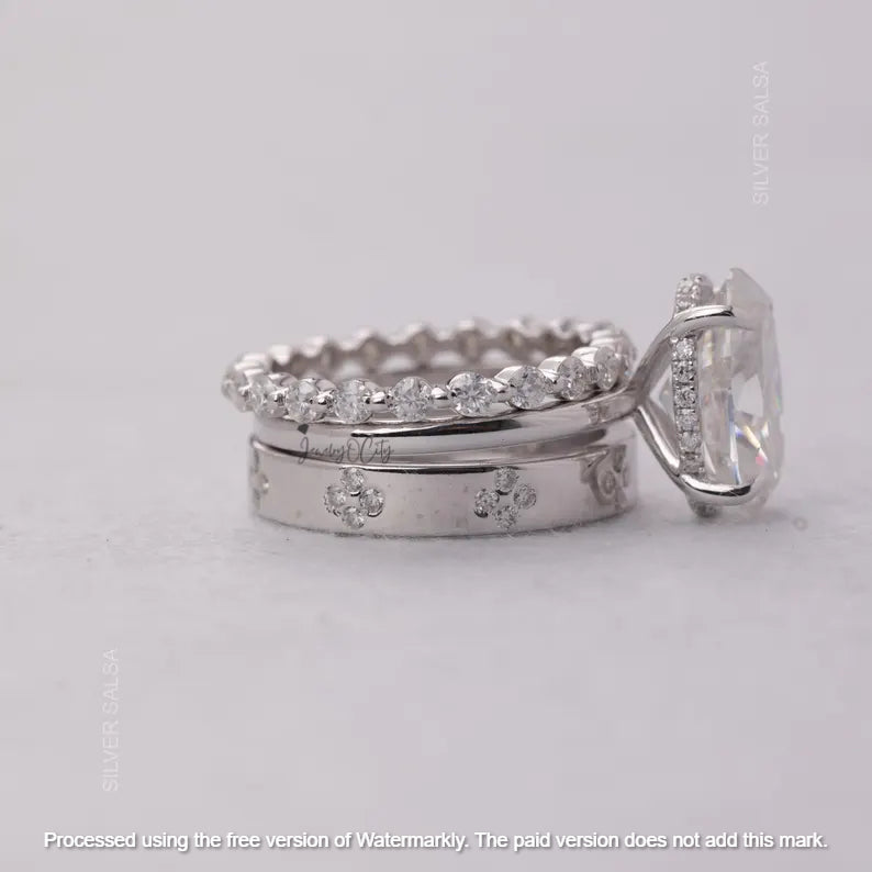 2.01Ct Oval Cut Diamond Flower Wedding Trio Ring Set