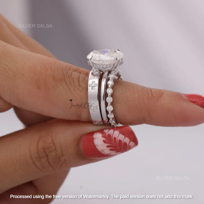 2.01Ct Oval Cut Diamond Flower Wedding Trio Ring Set