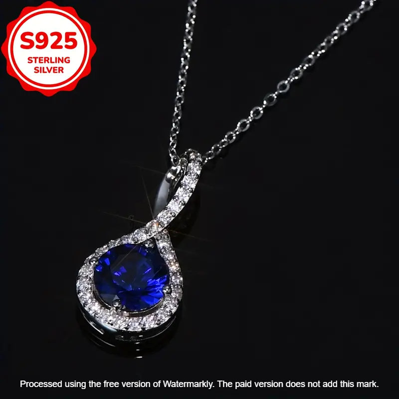 2Ct Round Cut Blue Sapphire & Diamond Halo Pendant For Her
