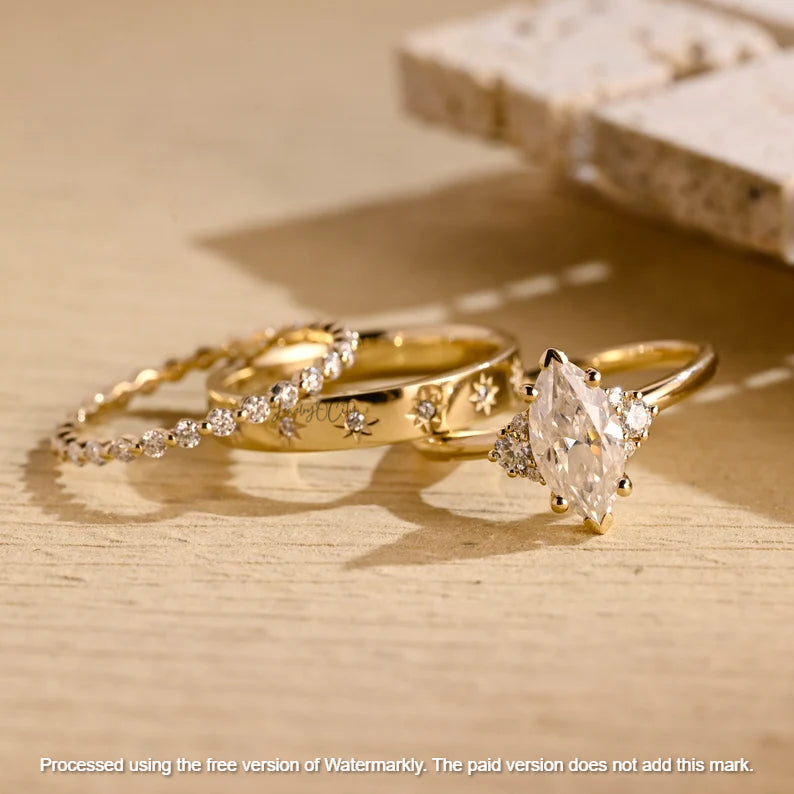 2.09Ct Marquise Cut Diamond Star Wedding Trio Ring Set